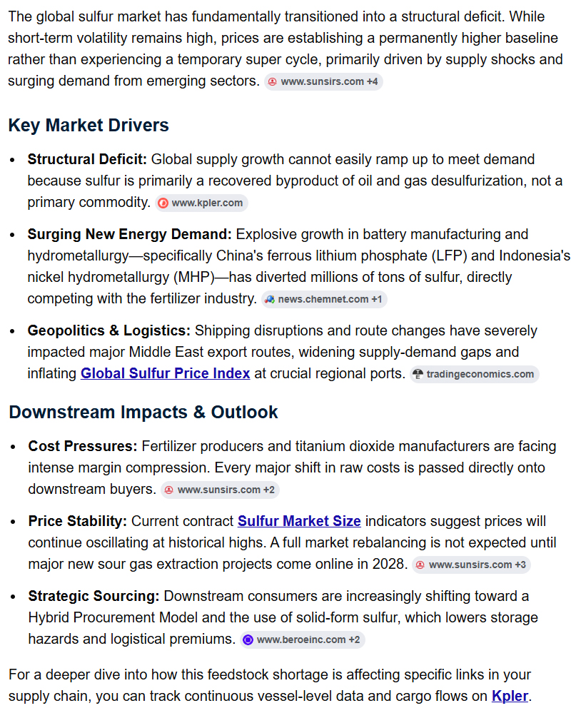 Global sulfur supply shortage is likely to persist for some time. The current high prices have become the norm. Prices are likely to rise rather than fall. However, there will no longer be a super cycle.