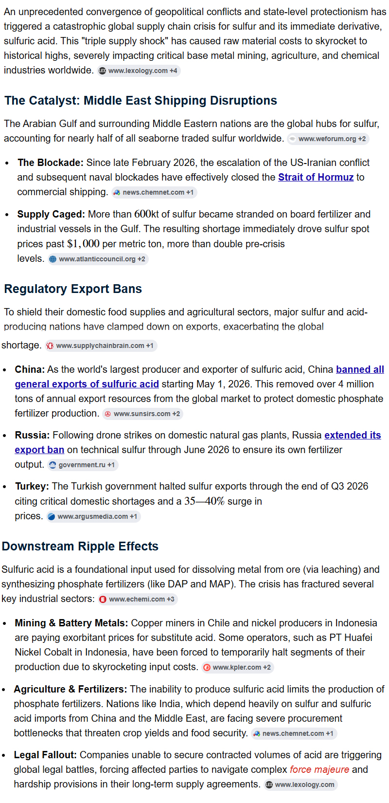 The global supply chain crisis of sulfur: Critical shipping routes disrupted and export restrictions imposed
