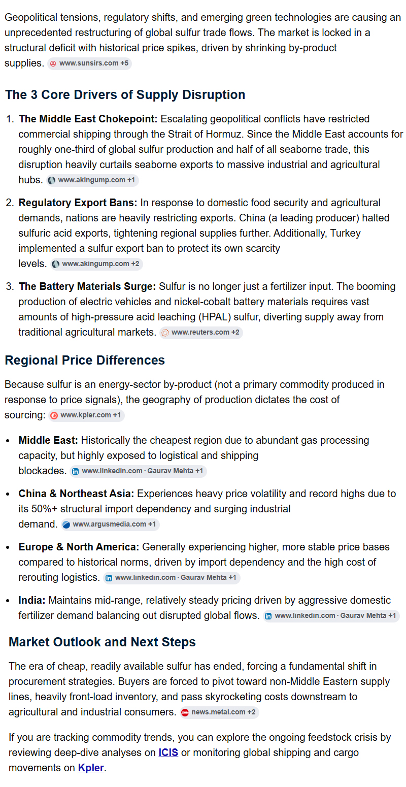 Reconfiguration of global sulfur trade flows: Regional price differentials and supply disruptions
