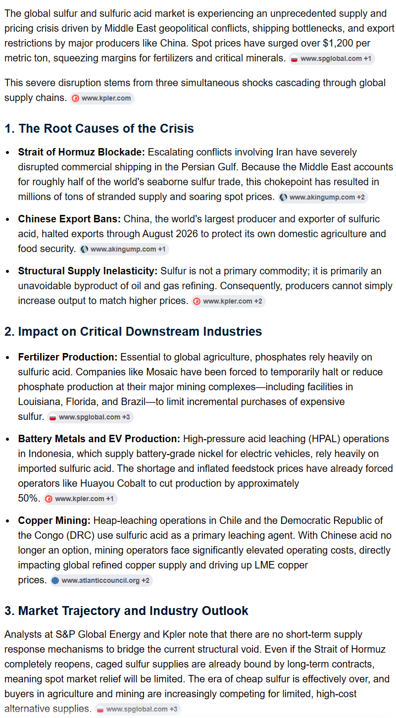 The extreme prices and supply crisis of sulfur worldwide