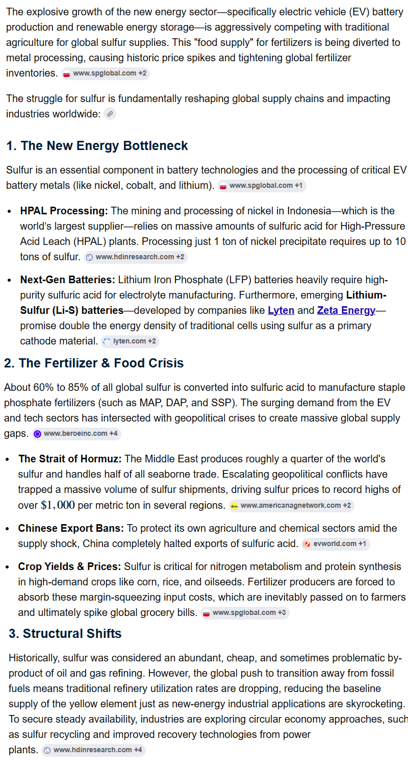 The global competition for sulfur demand: New energy is eating into the "food supply" of fertilizers